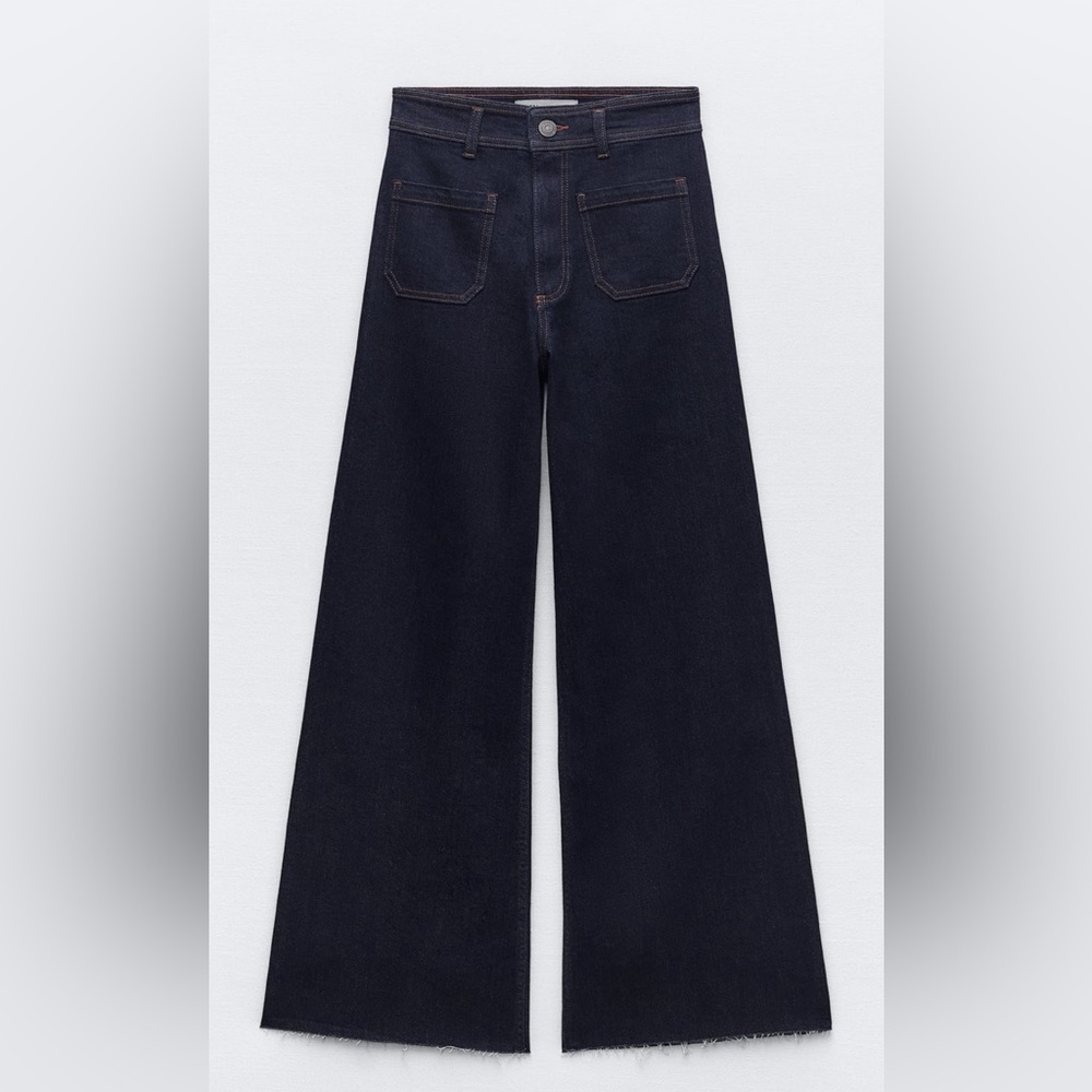 Zara ZW Marine Dark Wash Wide Leg High Waist Straight Crop Jean